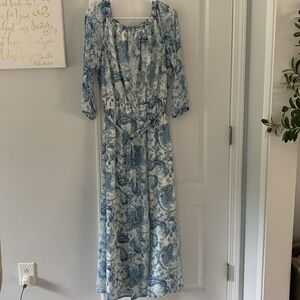 Nine West Blue navy White Floral Off the Shoulder Maxi Dress paisley romantic‎